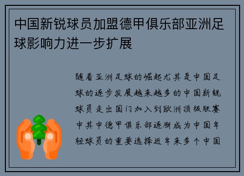 中国新锐球员加盟德甲俱乐部亚洲足球影响力进一步扩展
