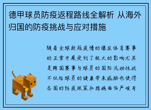 德甲球员防疫返程路线全解析 从海外归国的防疫挑战与应对措施