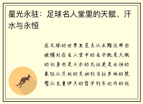 星光永驻：足球名人堂里的天赋、汗水与永恒
