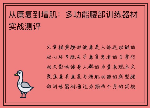 从康复到增肌:多功能腰部训练器材实战测评